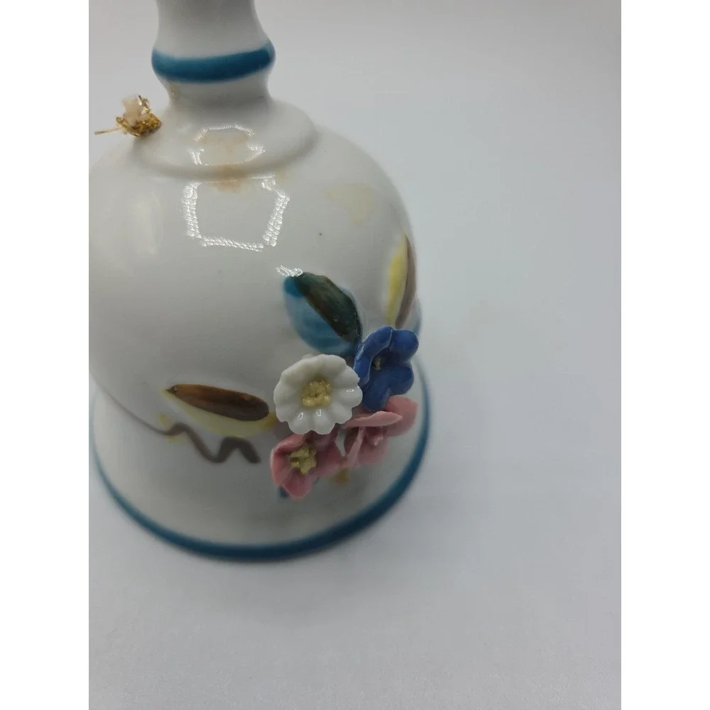 Vtg White Porcelain Bell With Raised Colorful Flowers Enesco 5.5